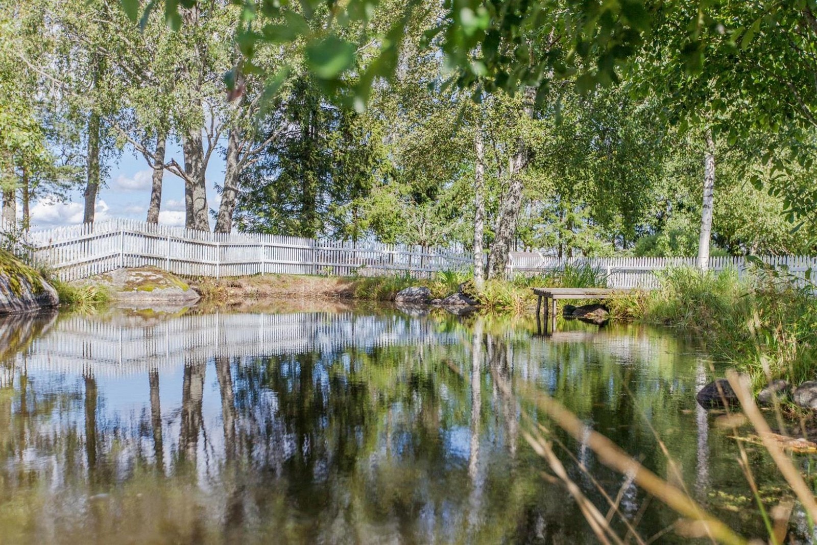 Områdebilde: I enden av hagen har naboen en flott dam som er inngjerdet frem til gressplenen. Galleribilde