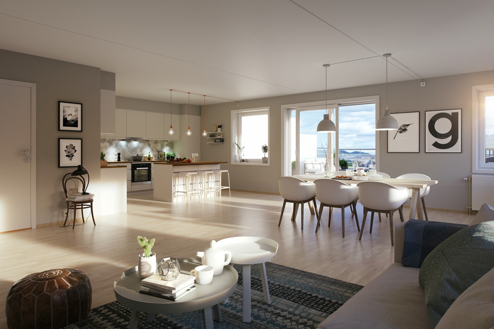 Stor stue med plass til sittegruppe og spisestuebord. Galleribilde