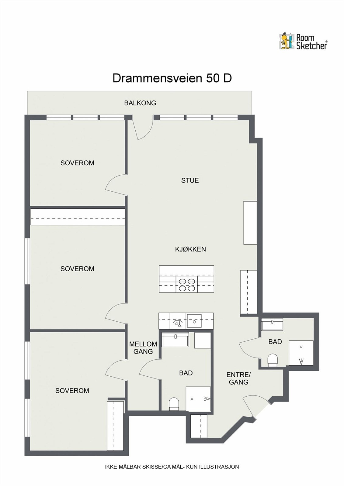 Alternativ plantegning med 3 soverom Galleribilde
