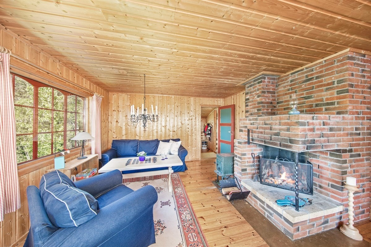 Koselig stue med peis og vedovn Galleribilde