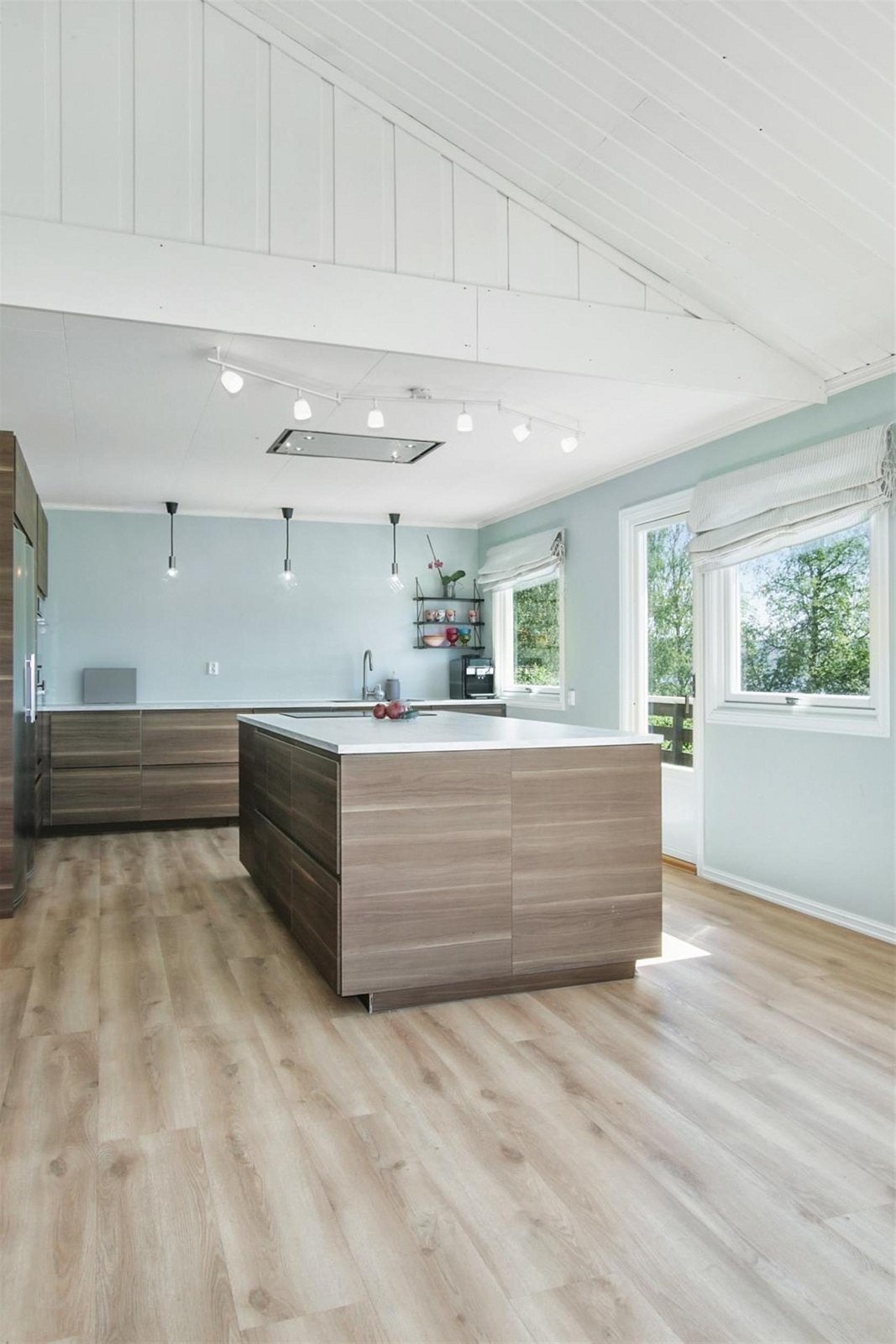 Integrerte hvitevarer, avtrekksvifte m/takmontert motor, induksjonstopp og kompositt benkeplate. Galleribilde