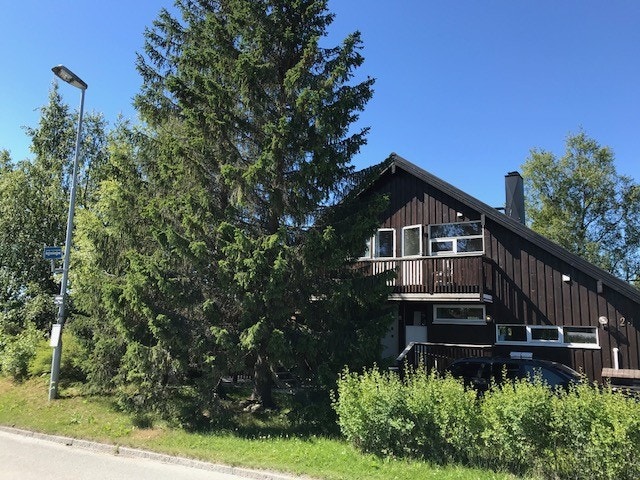 Busstopp ved hus. Hybler i 2 etasje. Galleribilde