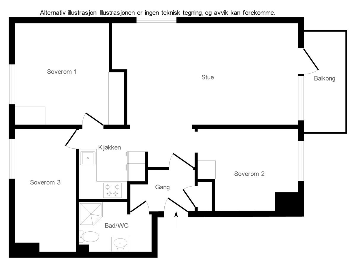 Det er også mulig å bygge om leiligheten slik at man får et soverom ekstra Galleribilde