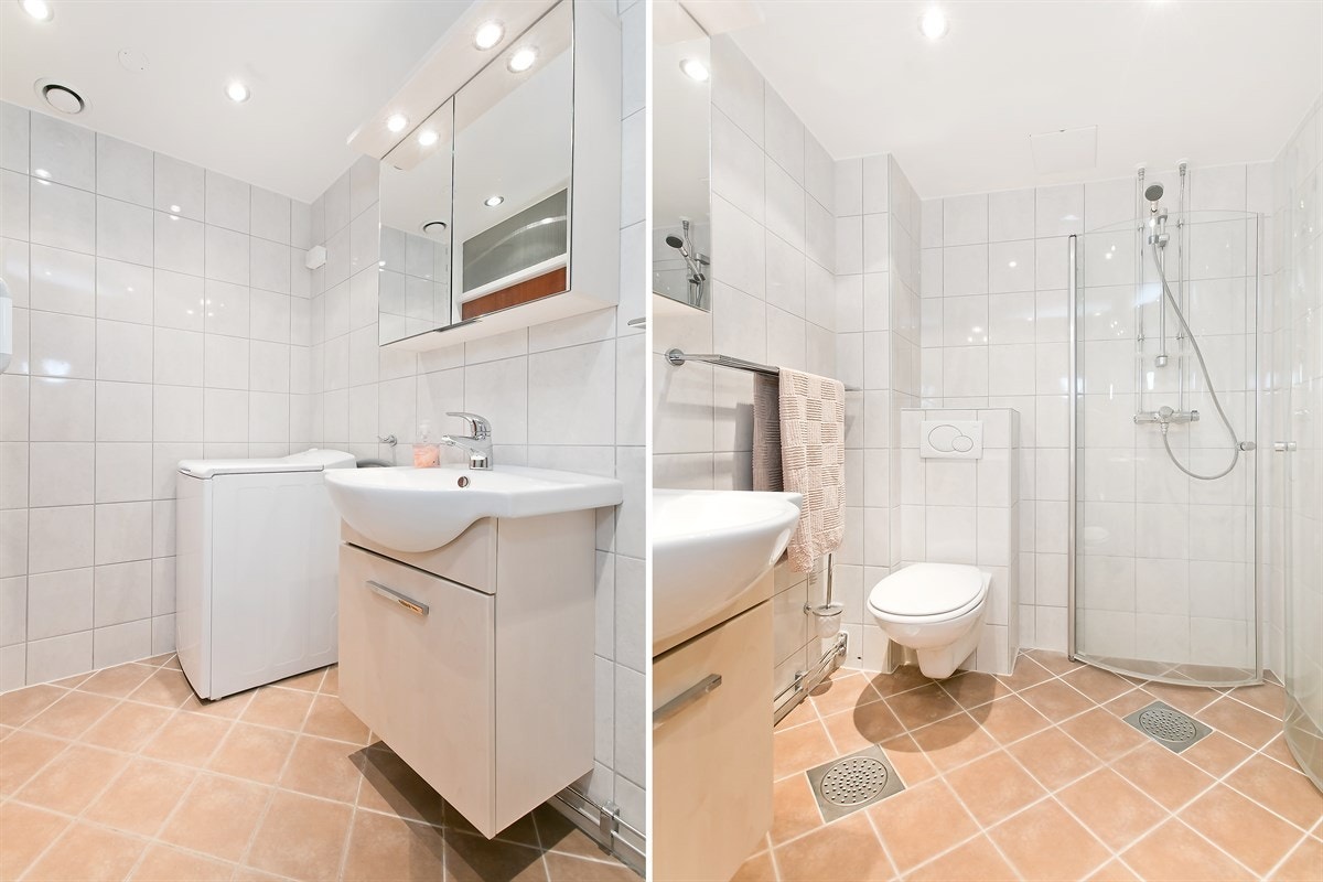 På badet er det opplegg til vaskemaskin, dusjhjørne, servant med underskap og vegghengt toalett Galleribilde