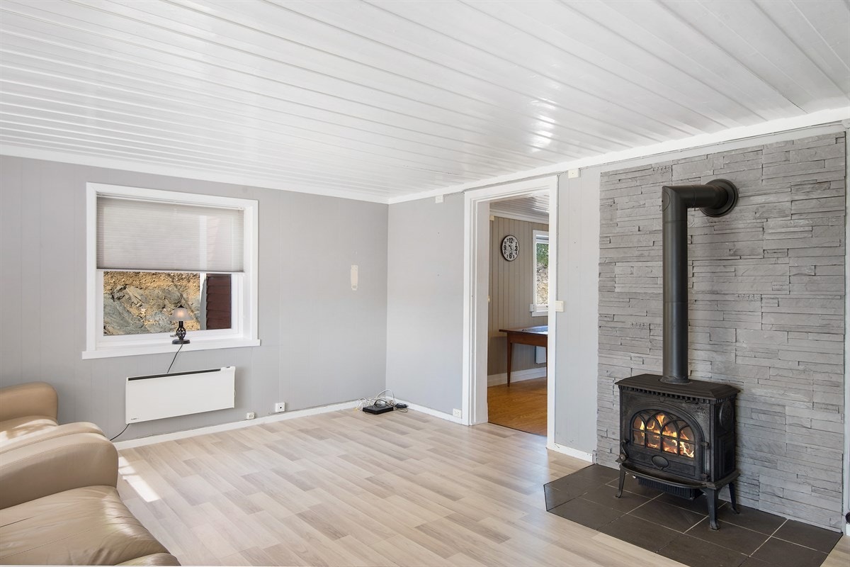 Romslig stue i gråtone og med peisovn. Galleribilde