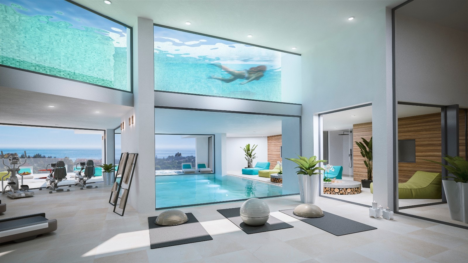 Innedørs treningsrom på mer enn 65 m2, innendørs SPA basseng på 36 m2. Galleribilde