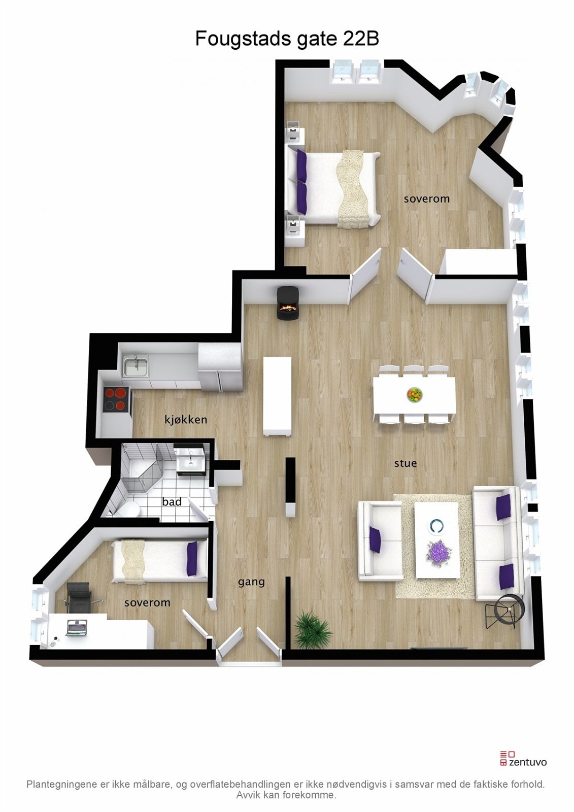 Leiligheten er på 98 m² og inneholder entrè, baderom, to soverom og kjøkken i åpen løsning med stue. Galleribilde