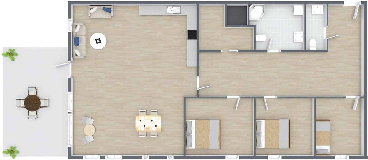 Planløsning av boligen med entrè, 3 soverom, gjestetoalett, bad og stue/kjøkkenløsning Galleribilde