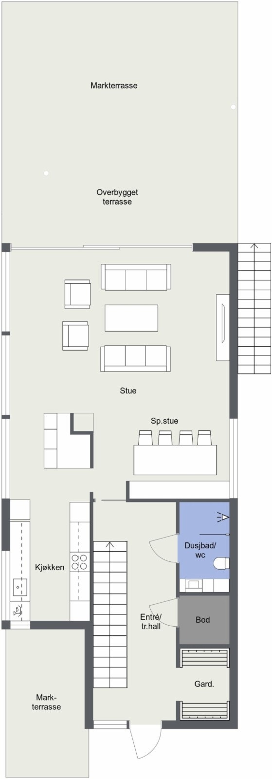 1. etasje: Hall med garderobe, bod, bad, stue med kjøkken og utgang til terrasse. Galleribilde