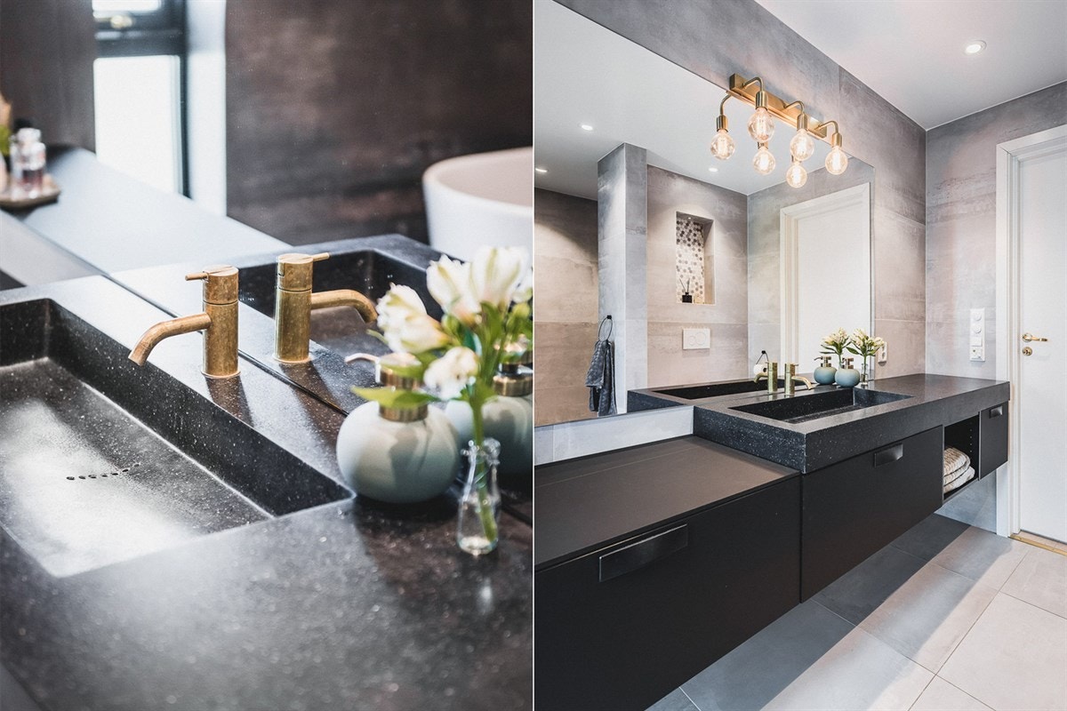 Et interiørmessig røffere preg av store, kvadratiske Modena fliser med preg av betong på gulv og vegger. Galleribilde