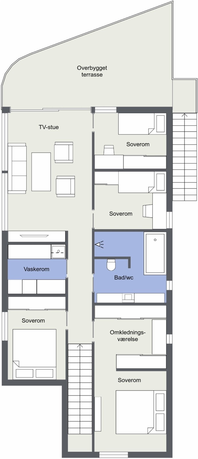2. etasje: Gang, vaskerom, bad, 3 soverom, master bedroom med walk-in garderobe og stue med utgang til innbygget terrasse. Galleribilde