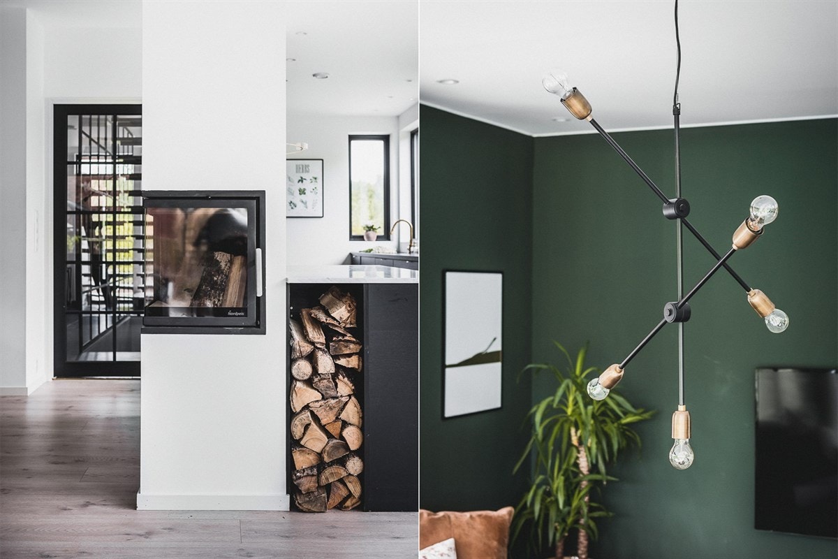 Sentralt i rommet står en innbygget Nordpeis med glassfronter som gir innsyn til ilden fra to vinkler. Galleribilde