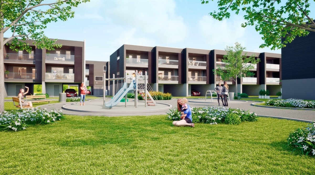 Det leveres 2 stk 12 kvm sydvest-vendte balkonger med vedlikeholdsvennlig Møre Royal panel og terrasse bord, gir deg et solrikt, skjermet og godt uterom. Galleribilde