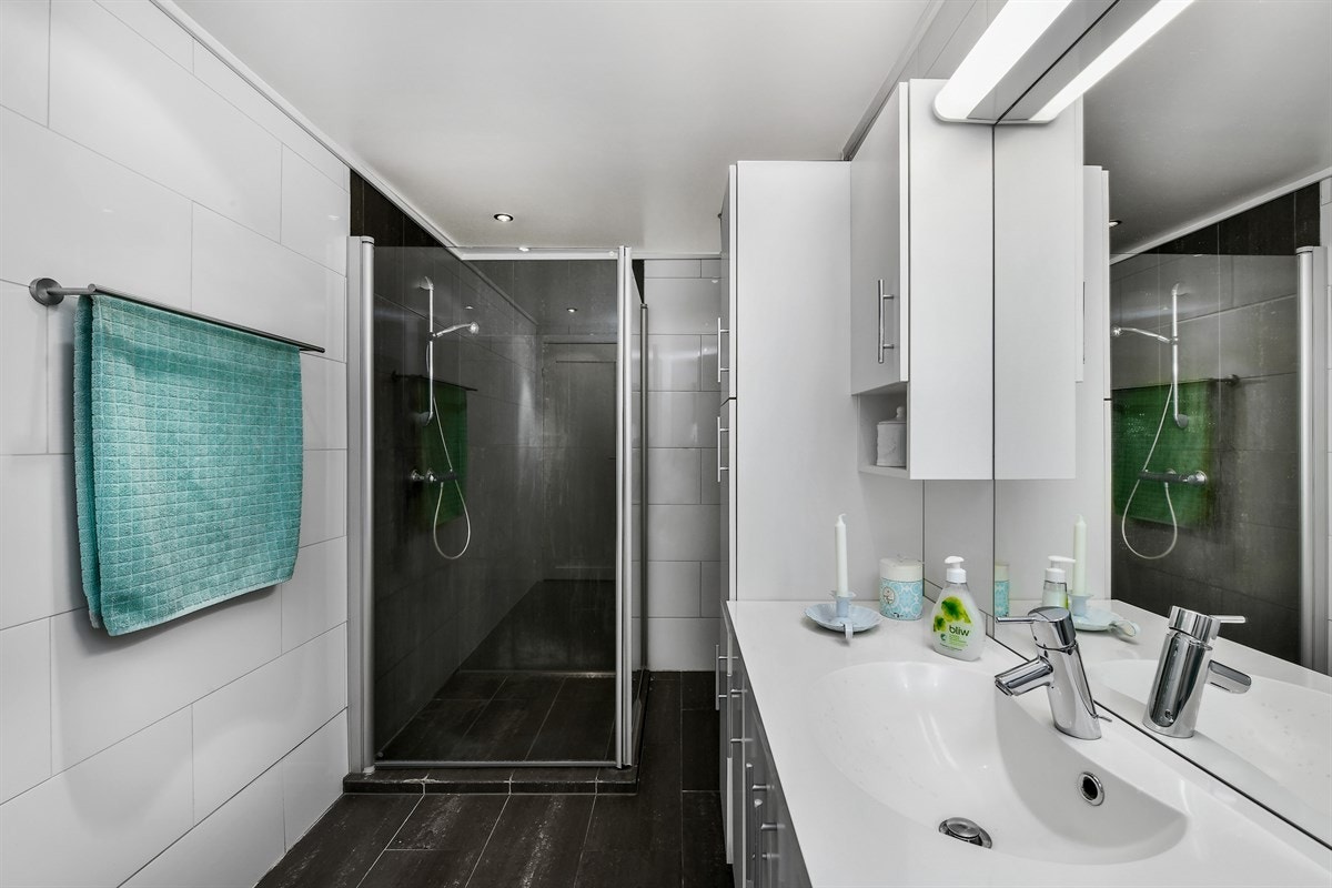 Det er dusjnisje med innfellbare glassdører og opplegg for vaskemaskin og tørketrommel. Galleribilde