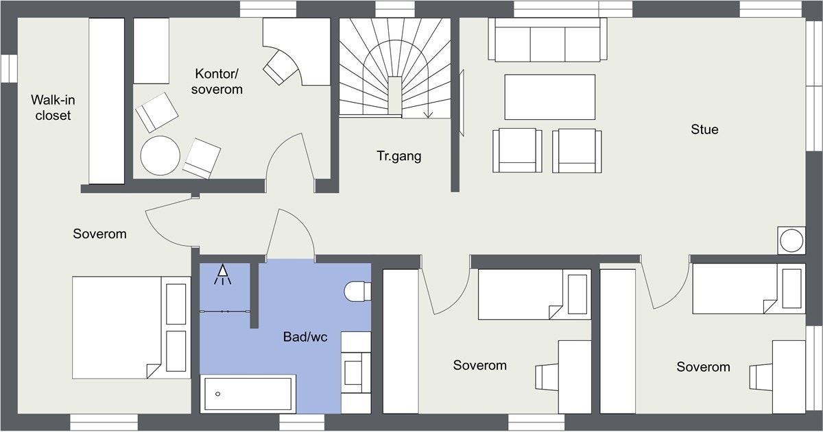 2. Etasje: Fire soverom, stue, gang/trapperom, bad, omkledningsrom. Galleribilde