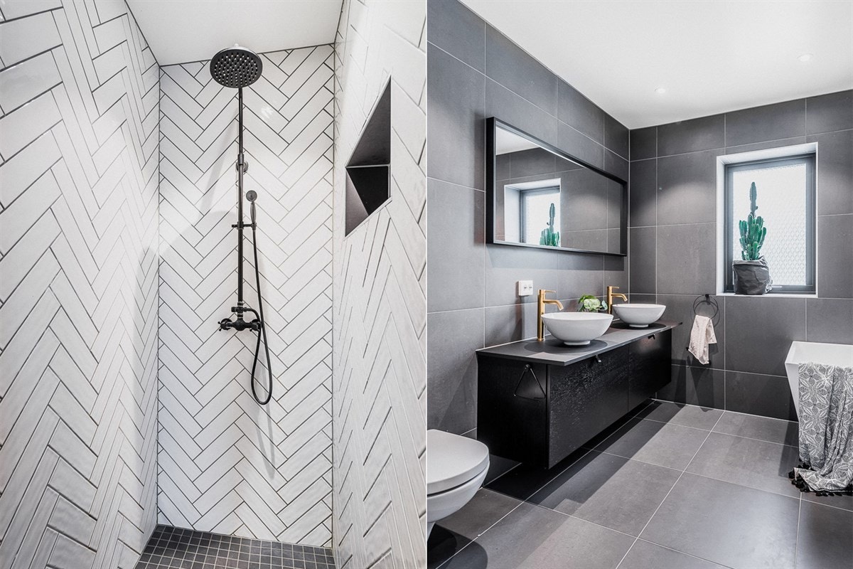 Legg ekstra merke til den nydelige dusjen. En innebygd regndusj som er dekorert i fiskebensfliser. Galleribilde