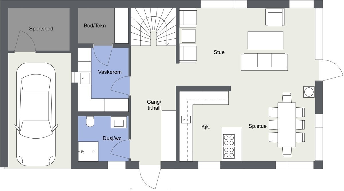 1. Etasje: Stue, gang/trapperom, kjøkken, bad, vaskerom. Galleribilde