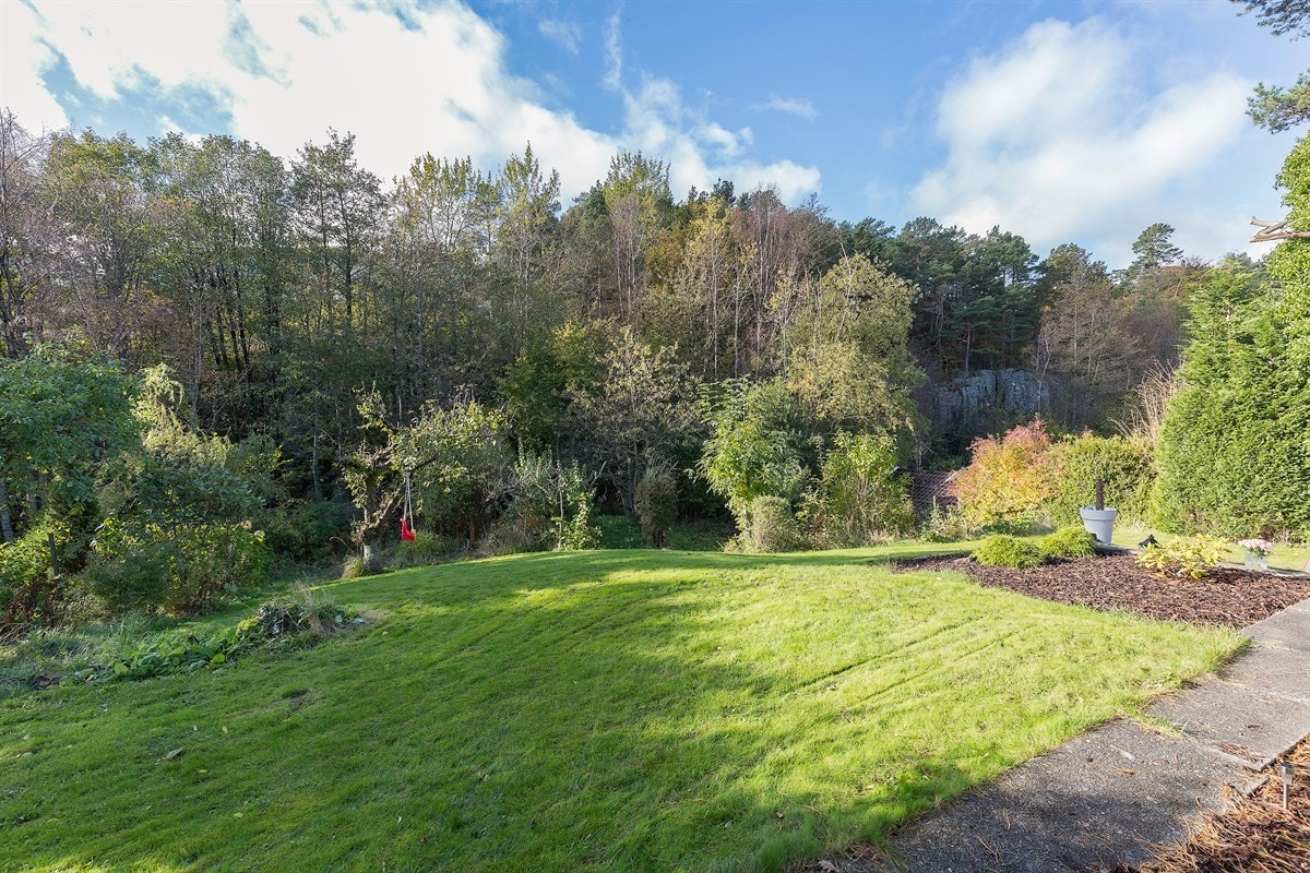 Den er pent opparbeidet med plen og beplantning. Galleribilde