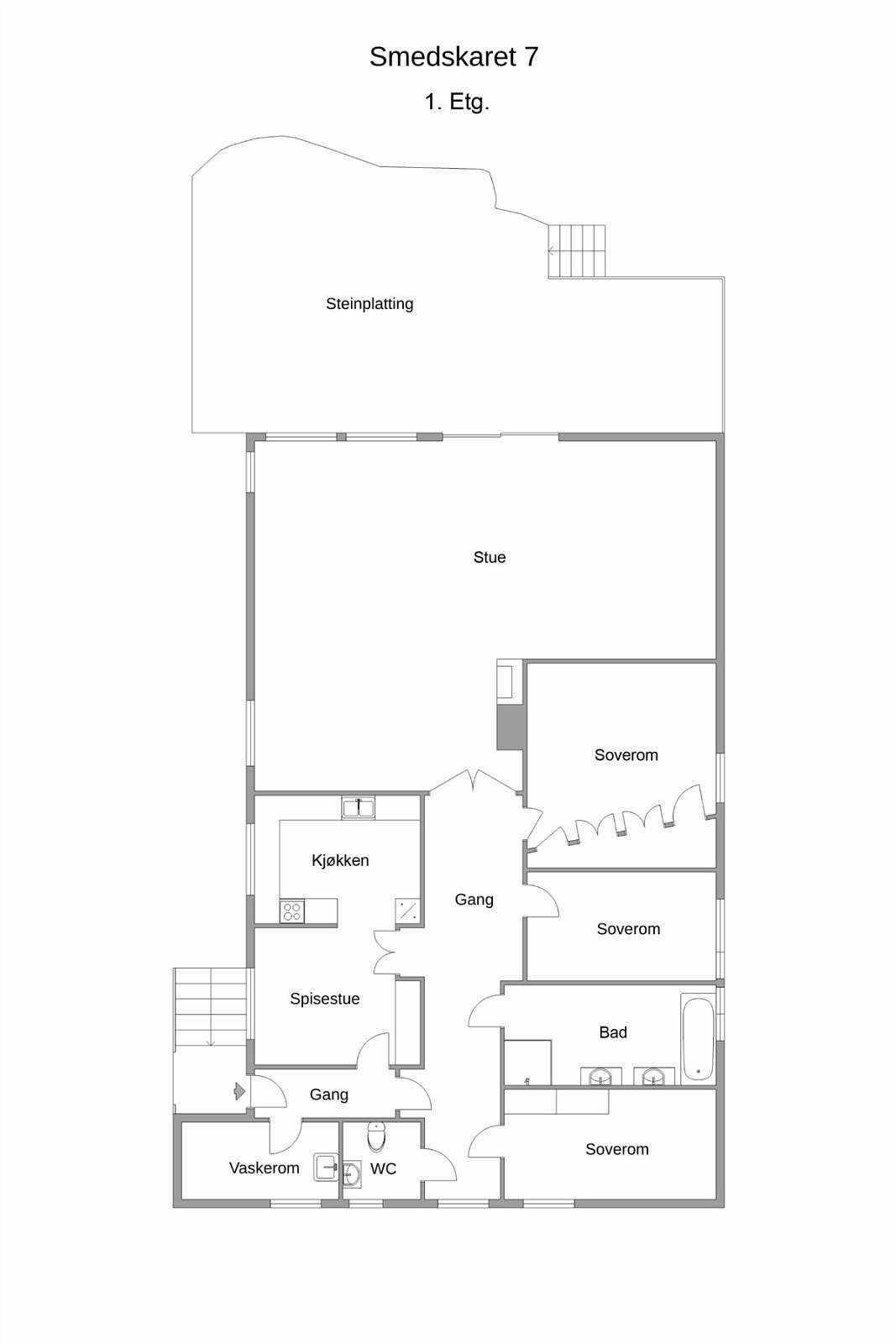 Velkommen inn. 1. etasje inneholder: Entré, gang, stue, kjøkken, bad, vaskerom, wc og 3 soverom. Galleribilde