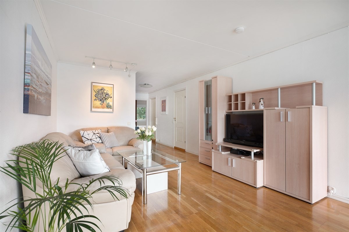 I dag er stuen innredet med stor sofagruppe og tv-seksjon. Galleribilde