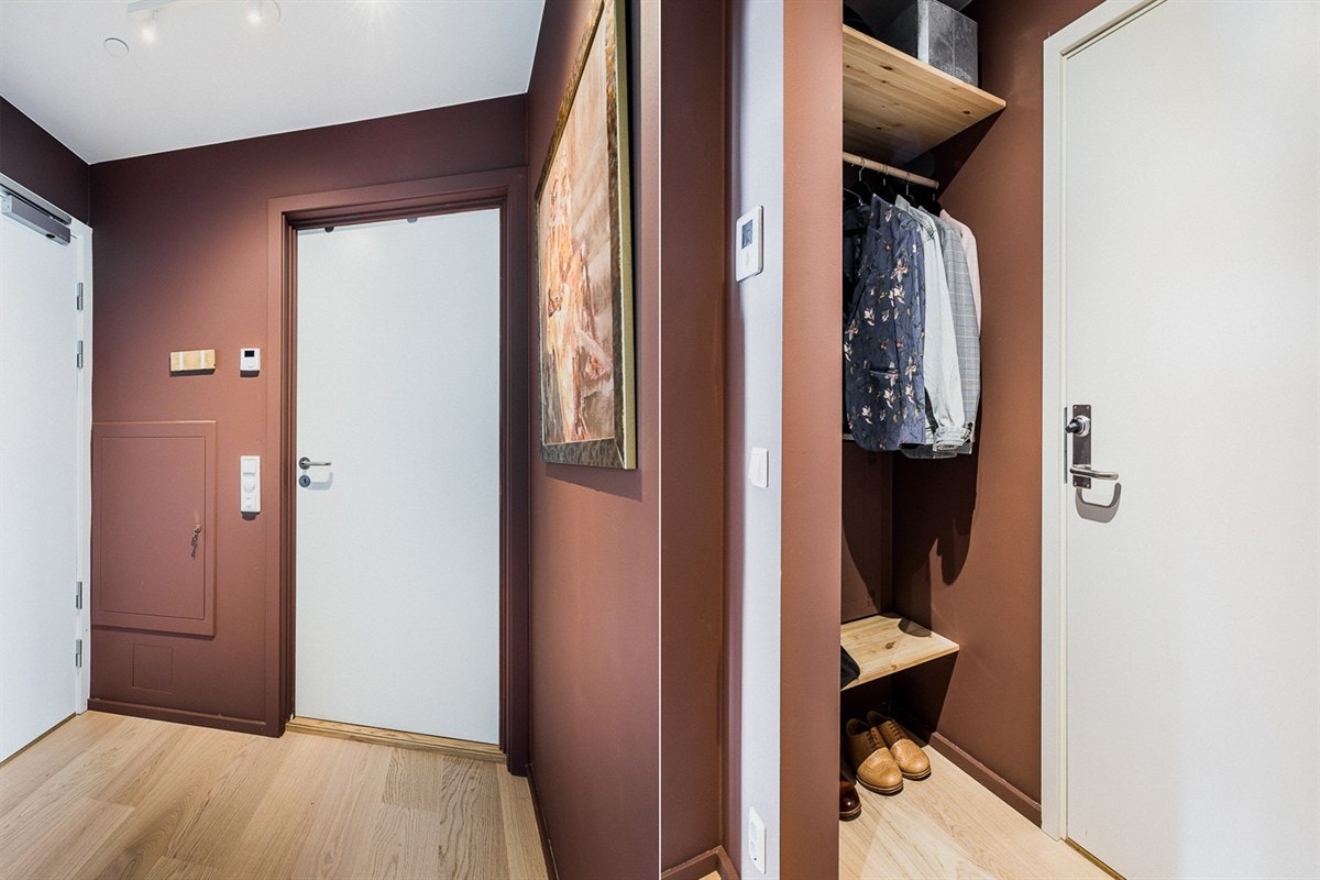 Entréen er malt i en pen jordfarge og har egen avsatt garderobeplass like ved døren. Galleribilde