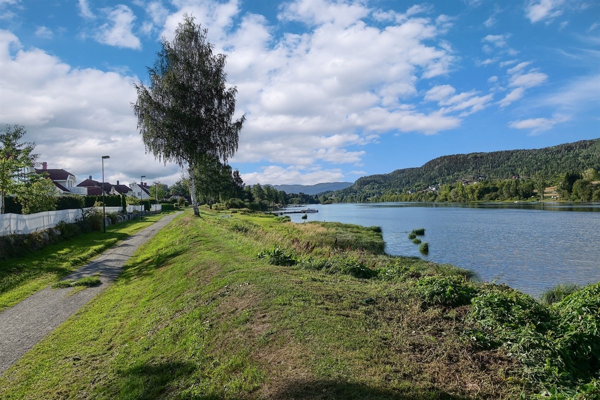 Fra overbygget veranda er det utsikt mot elven. Galleribilde