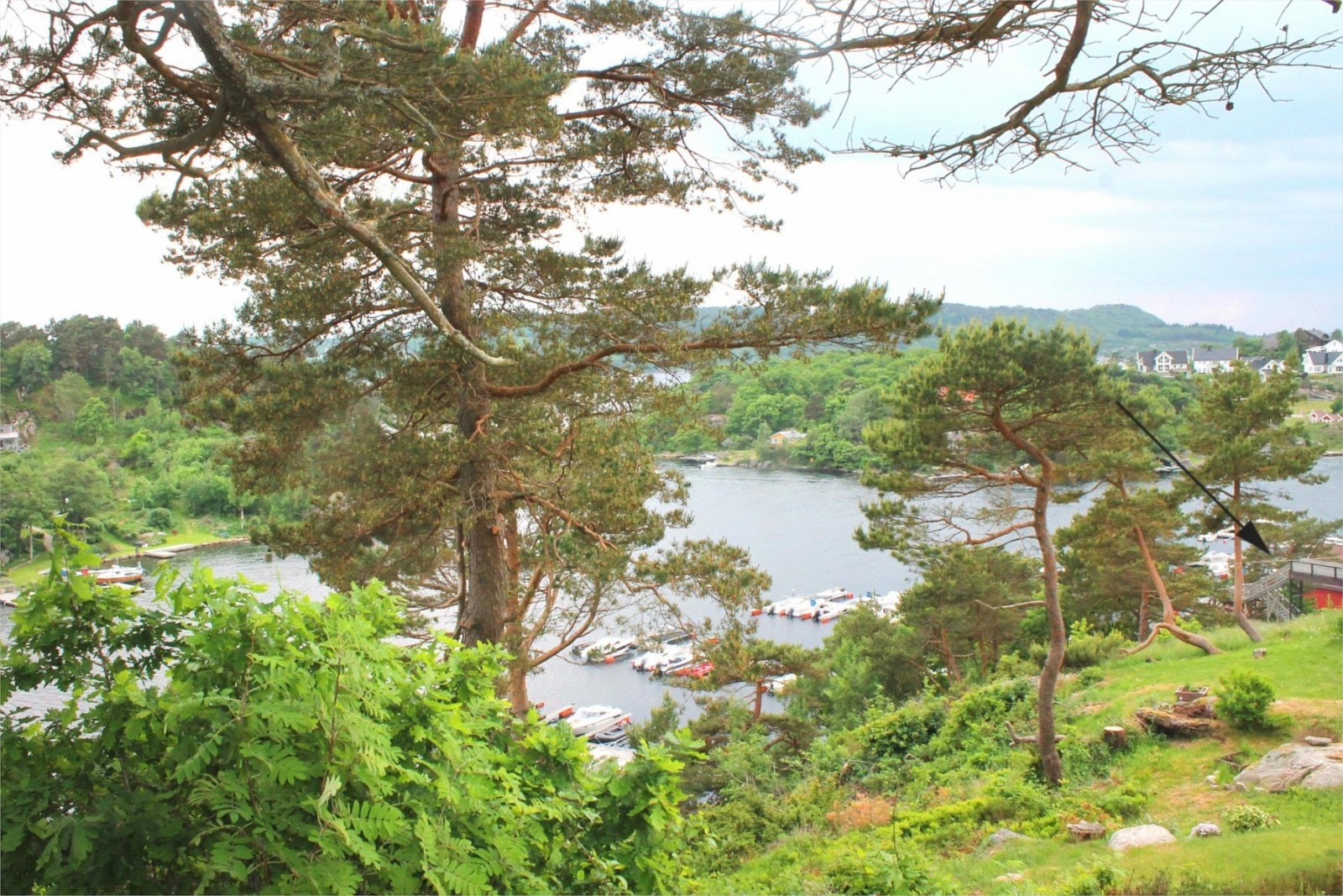 Pilen peker på gangbroen som går over veien. Her har en enkel og trygg adkomst til en evt. båtplass, bassenget ved brygga mm. Galleribilde
