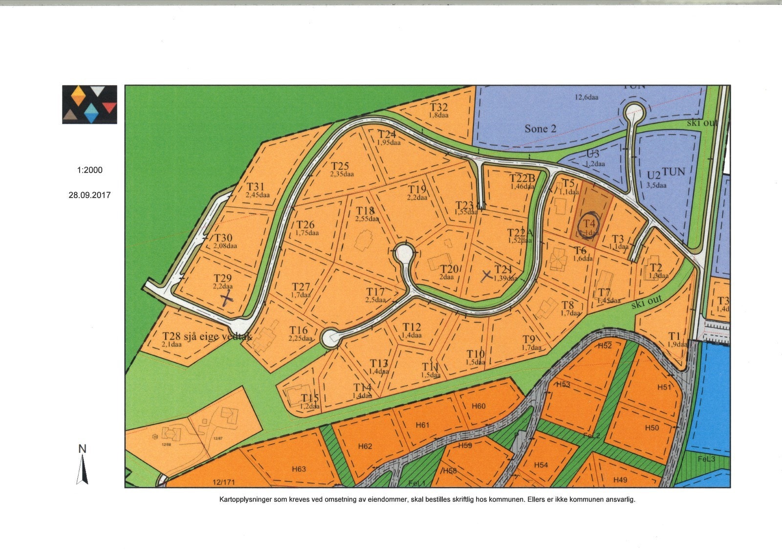 Tomt T29 (til venstre midt på) og alternative tomter avmerket Galleribilde