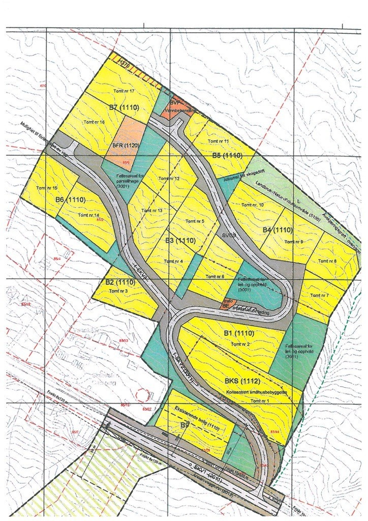 Plankart. Tomtene er fra 1 mål til 1,7 mål store. På tomt 1 er det planlagt 5 enheter, på tomt 2 bygges tomannsbolig over 2 plan. Egen annonse for disse. Galleribilde