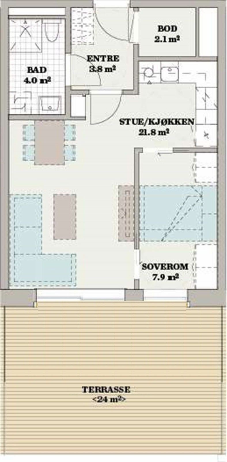 Godt utnyttet romløsning. 24 kvm privat terrasse på størrelse med stuen. Den ligger uten innsyn fra gateplan - høy 1. etg. Galleribilde