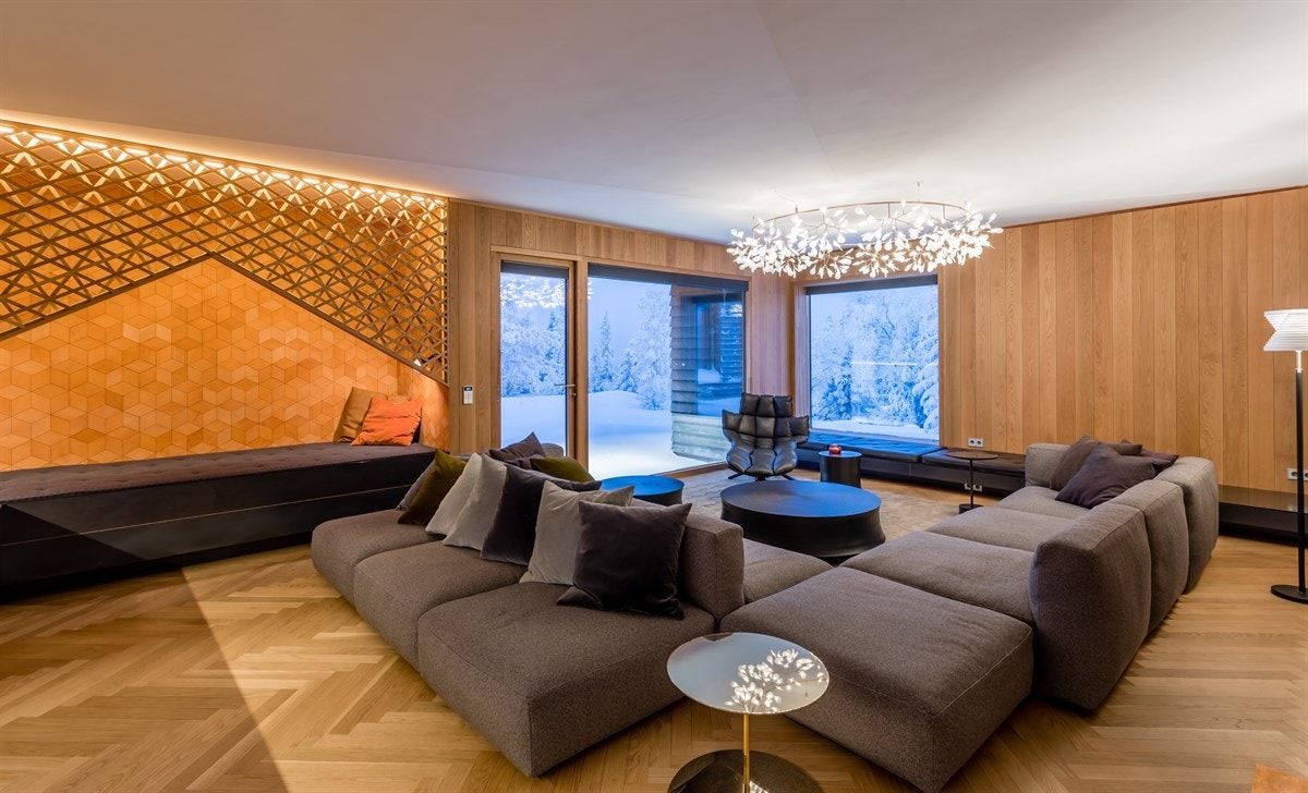 Stue med diverse detaljer - Blant annet skjult TV i skap, vegg i smakfullt skinninteriør og utgang til uteplass Galleribilde