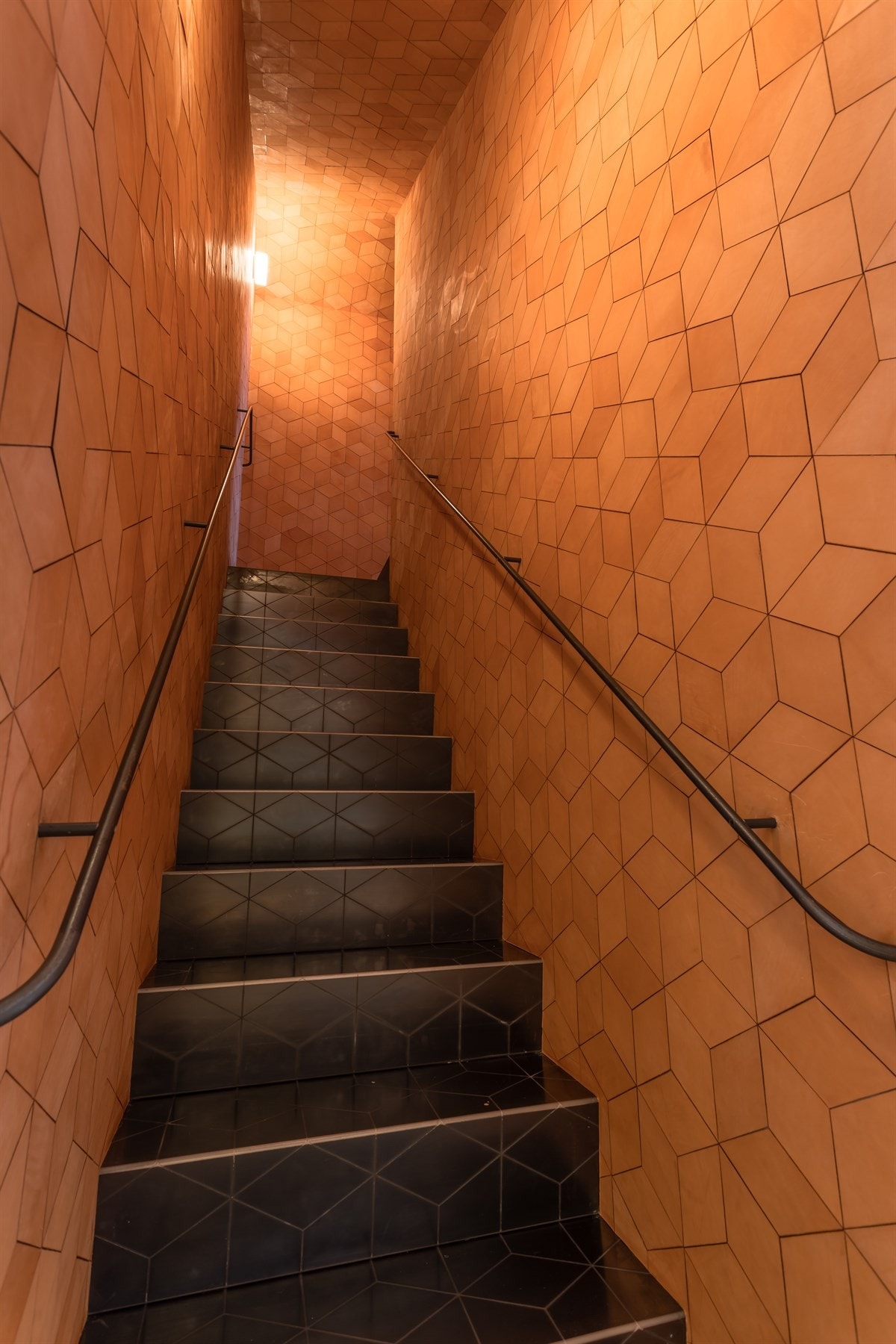 oppgang til hems med smijernsrekkverk og stilig skinnvegg. Galleribilde