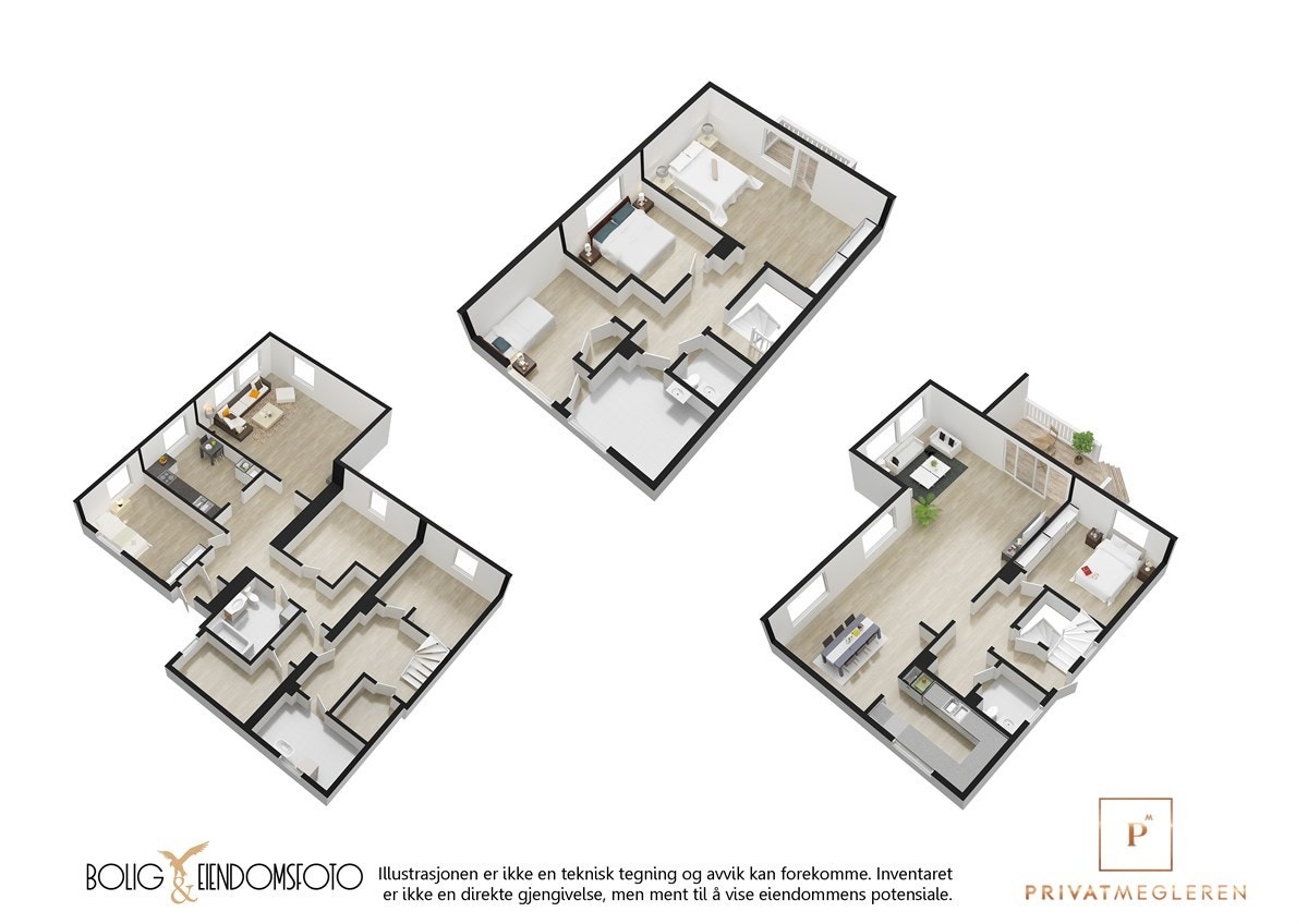 3D plantegning alle etasjer. Galleribilde
