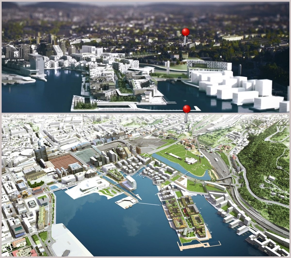 En illustrasjon på avstand fra Barcode, Bjørvika og Middelalparken til leiligheten. Galleribilde