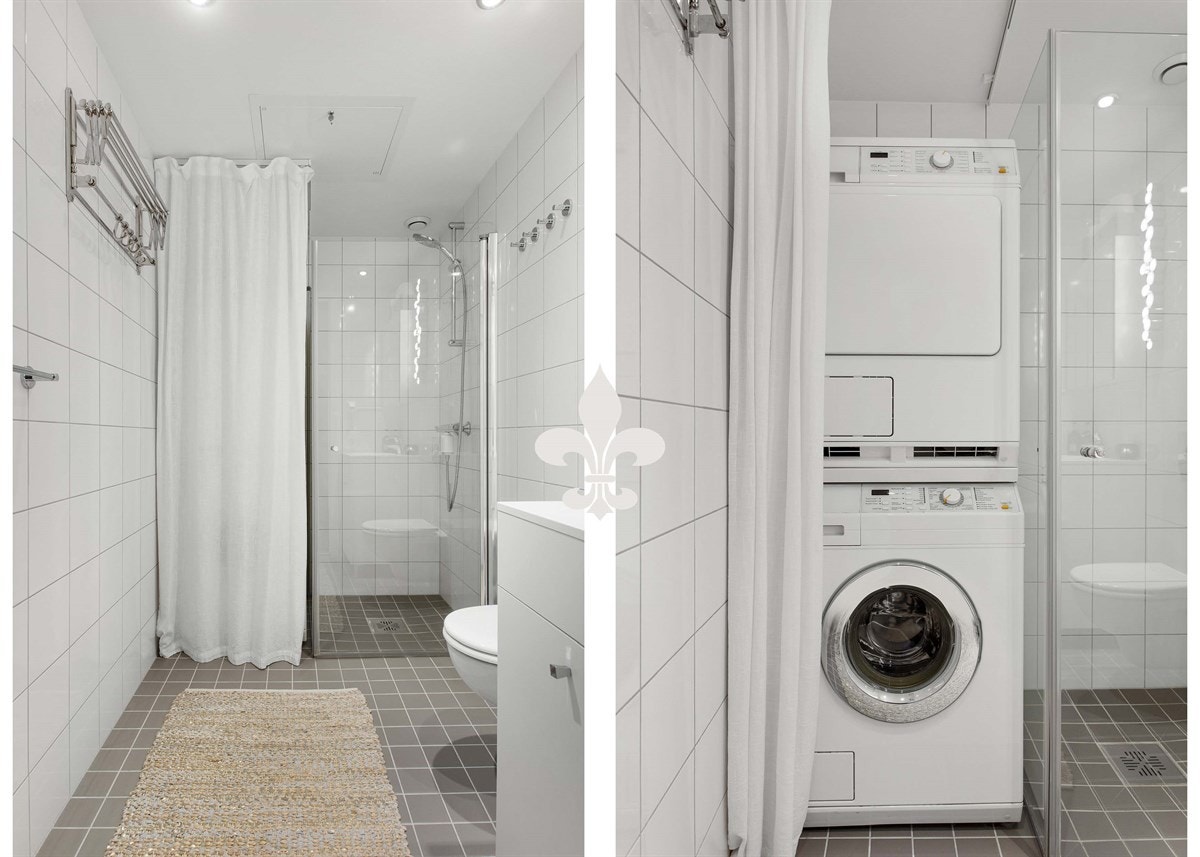 Baderommet i hoveddel har opplegg til både vaskemaskin og tørketrommel. Galleribilde