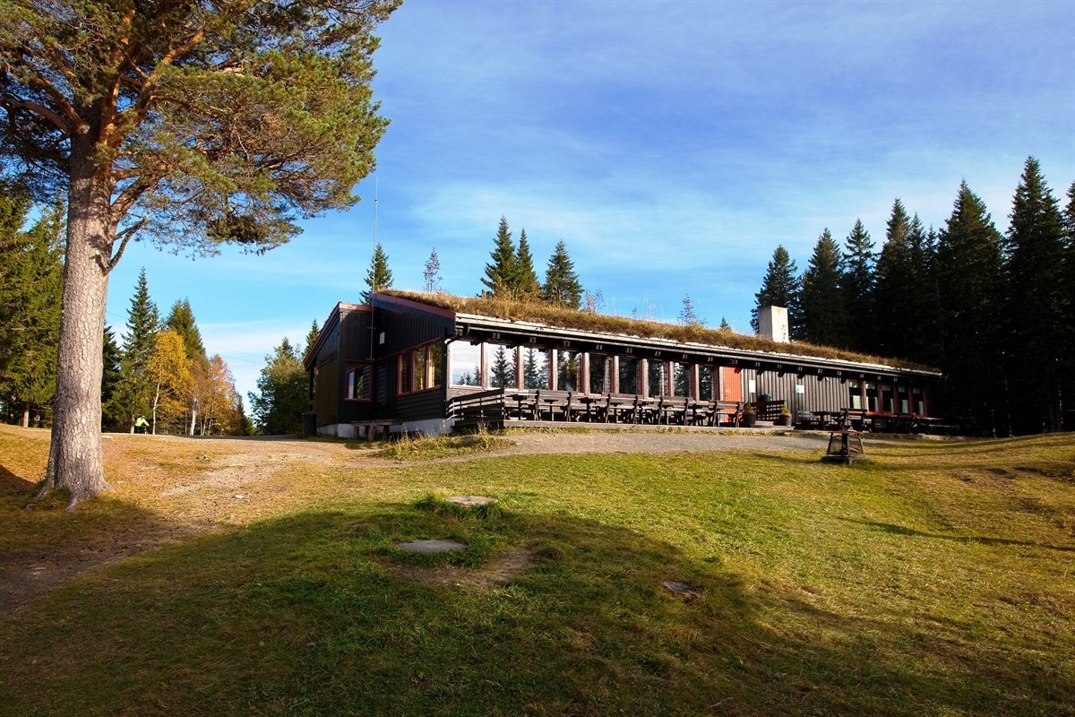 Fra leiligheten er det ikke lange spaserturen opp til inngangen til Estenstadmarka. På hytta serveres det blant annet rømmegrøt, kanelboller, tacokveld og varm saft på vinterstid. Galleribilde