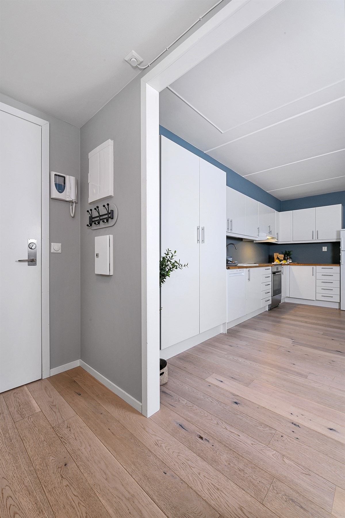 I leiligheten møtes man av en entré med vegger i en lun gråtone og nyere enstavs parkett. Galleribilde