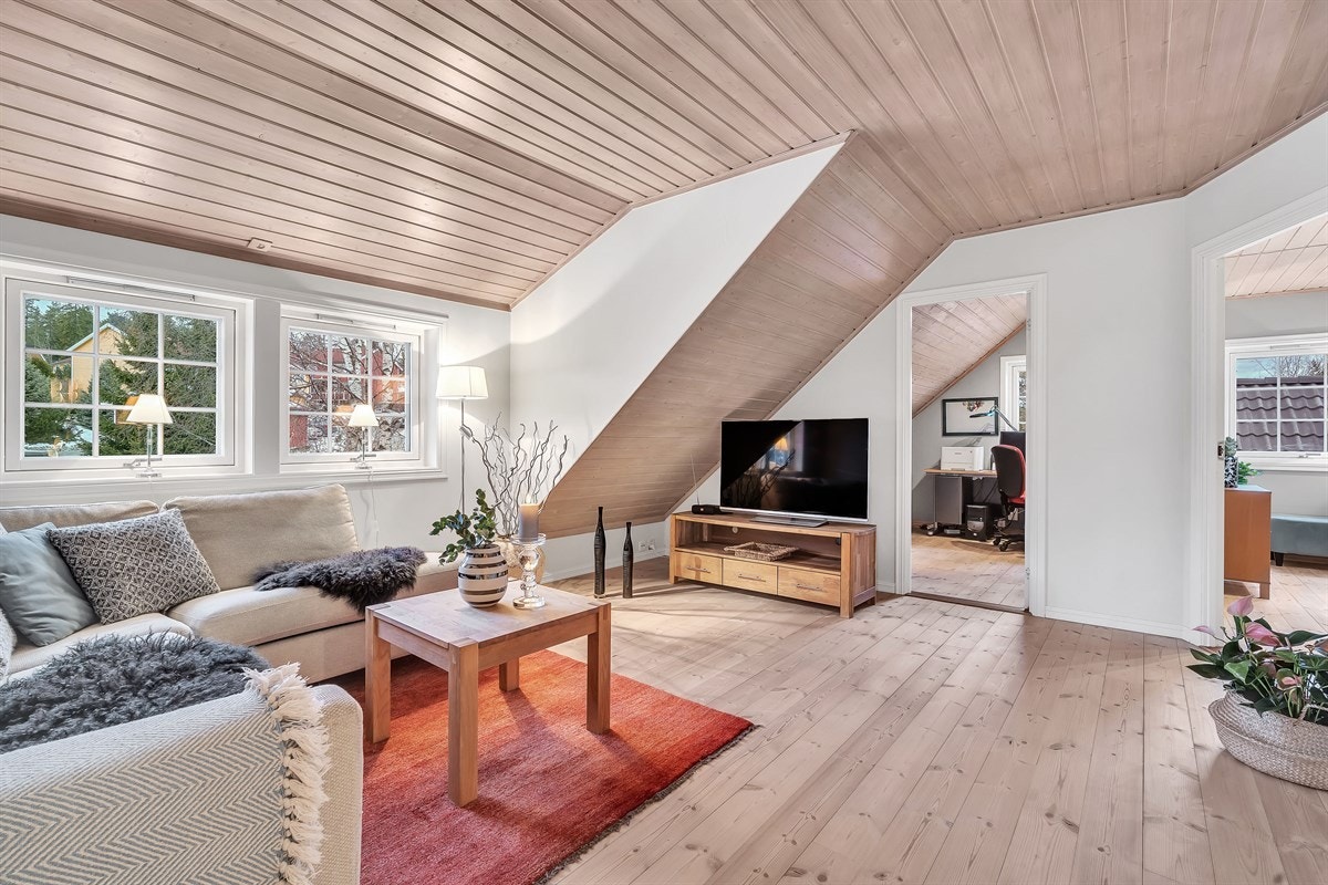 Loftstuen er et utmerket oppholdsrom for vennebesøk og sene filmkvelder. Galleribilde