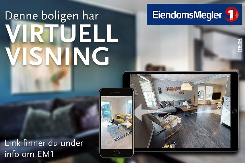 Klikk deg gjennom boligen ved å trykke på 360 visning under informasjon om EiendomsMegler 1. (Det blå informasjonsfeltet til høyre på siden) Galleribilde