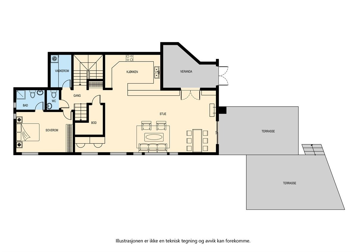 1. etasje: Trappegang, bod, vaskerom, toalettrom, hovedsoverom med bad, stue med kjøkken samt TV-stue. Utgang til terrasse fra begge stuer. Terrassen som er avbildet i bakkant er innredet og bør restaureres eller rives. Galleribilde