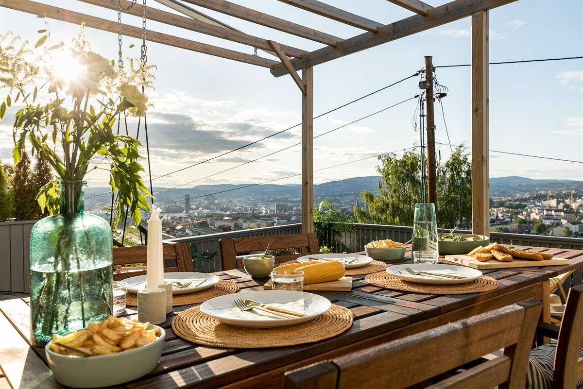Tilbaketrukket i høyden med sol frem til 22:30 midtsommers. Galleribilde