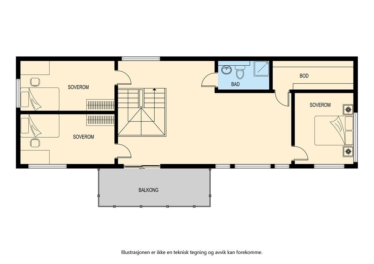 2. etasje: Trappegang, bod, bad, 3 soverom og stue med utgang til veranda. Galleribilde