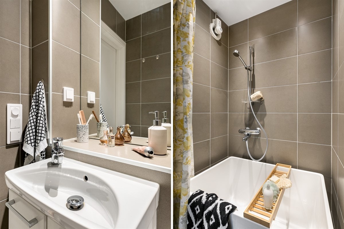 Her er det også et lite badekar i tillegg til dusjmulighet. Galleribilde