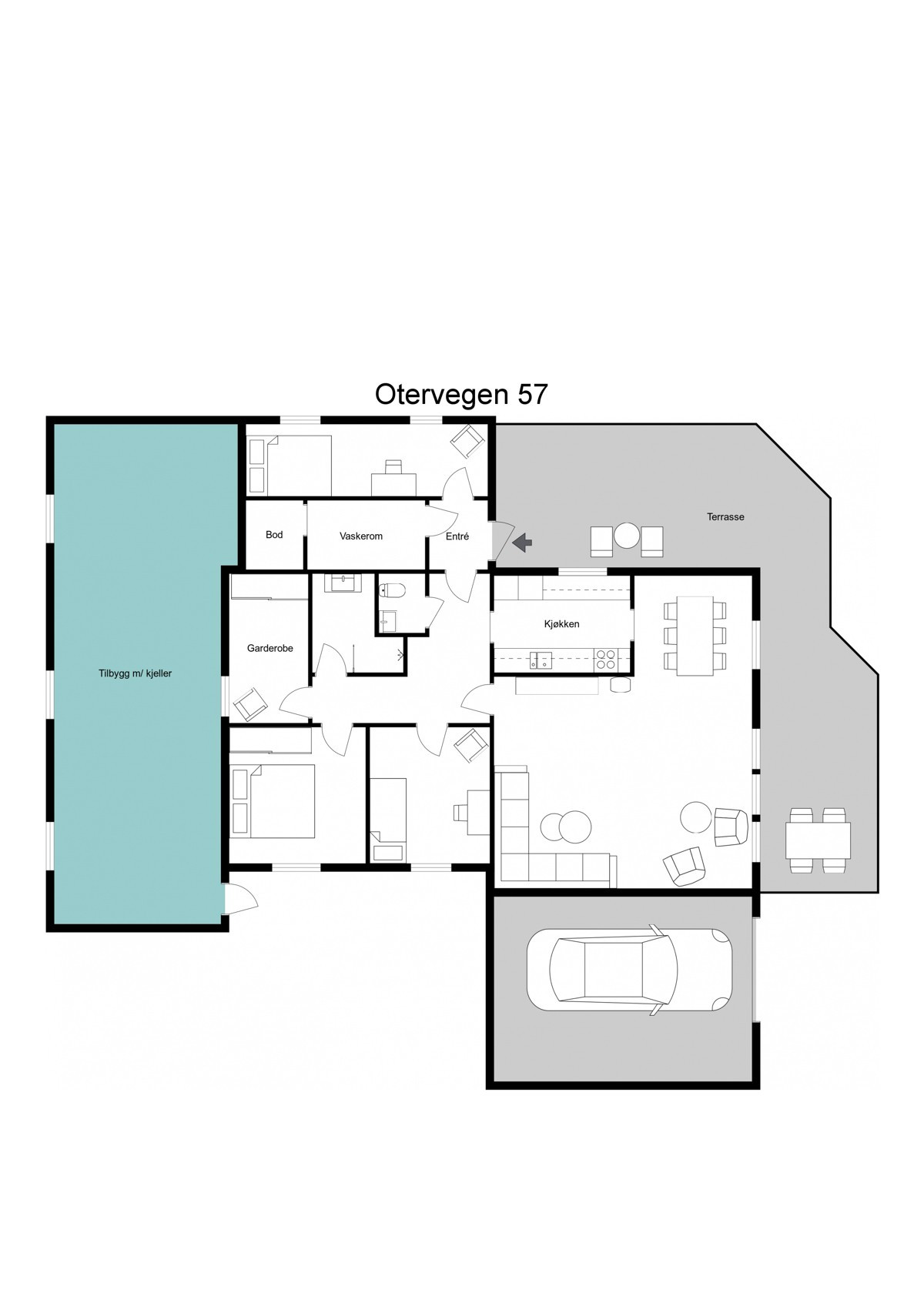 Planskisse - under tilbygg(grønt) er det en like stor underetasje med egen inngang og delvis åpent mellom etasjene slik at det kan etableres trapp.