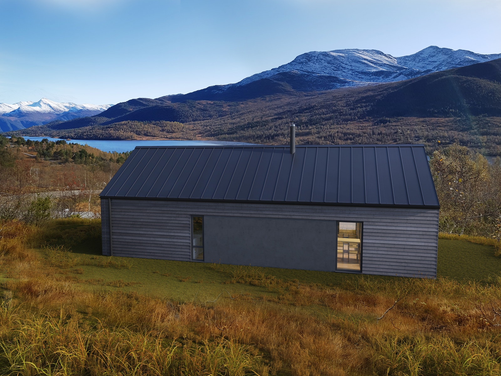 Illustrasjon av Koia Moderne fra Norgeshus på tomt 12, med utsikt ned til Nysætervatnet. Galleribilde