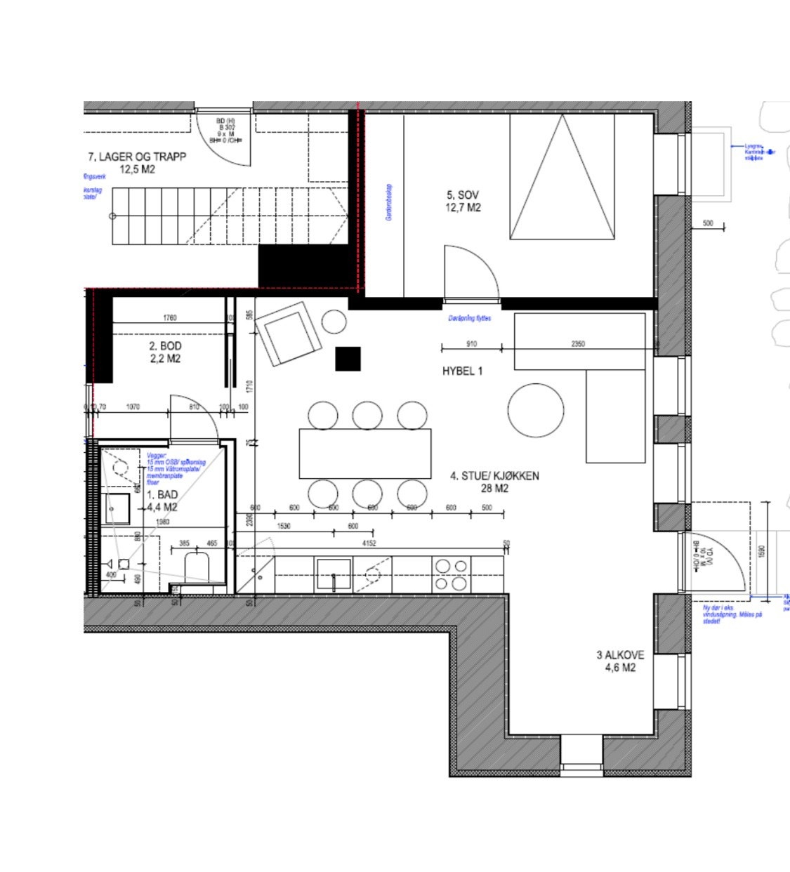 Planløsning. Vegg og skyvedør ved alkove Galleribilde