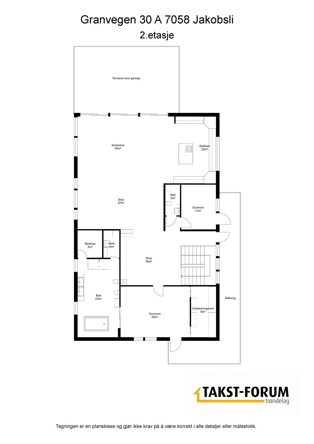 PROAKTIV Eiendomsmegling - Plantegning av 2. etasje med arealoppmåling. Galleribilde