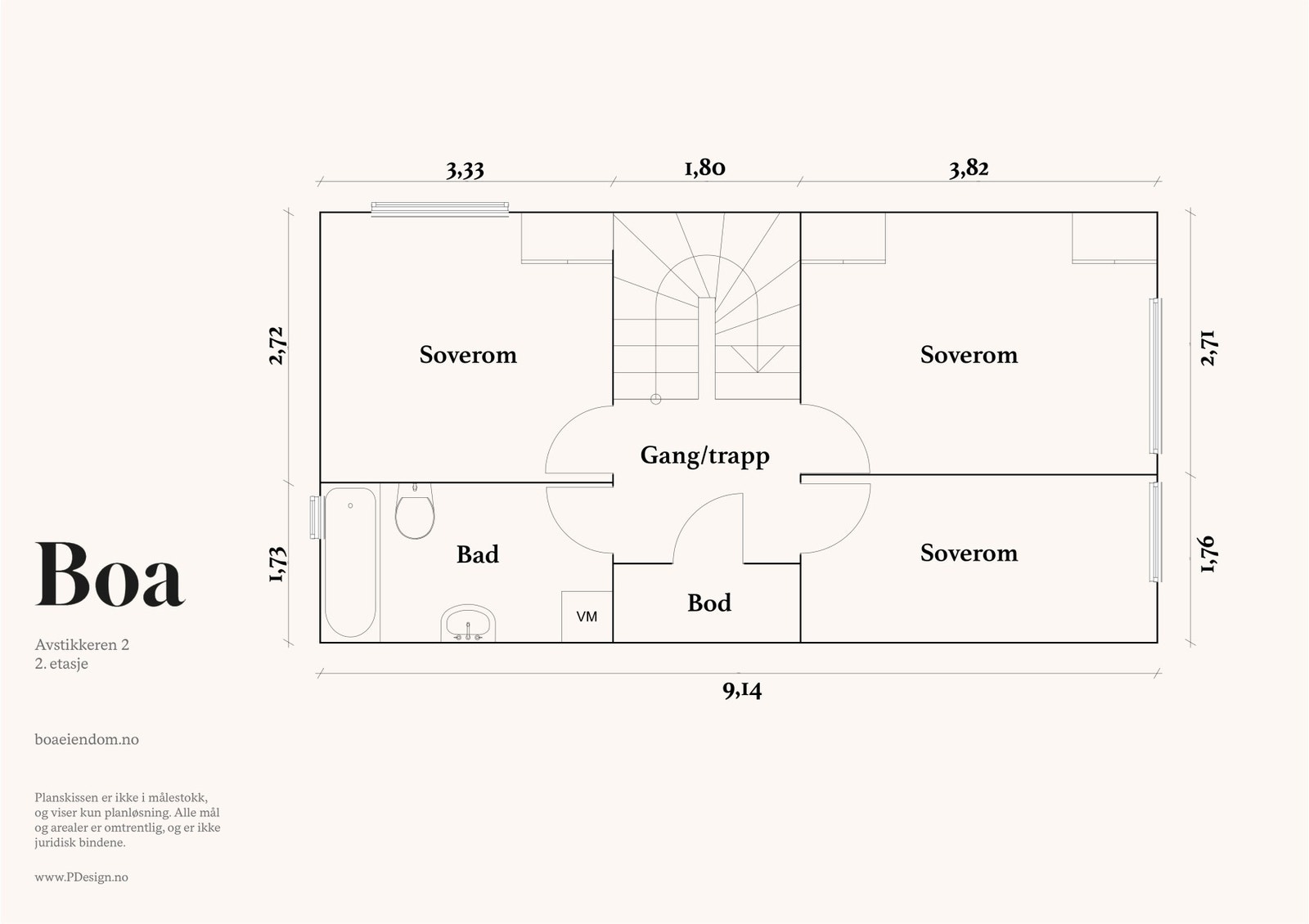 2. etasje: Trappegang, bad, 3 soverom. Bod. Galleribilde