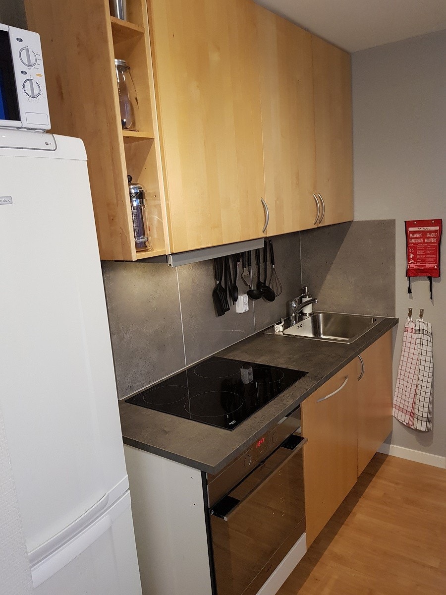 Kjøkken: Kombiskap, mikrobølgeovn, induksjonstopp, stekeovn, oppvaskmaskin og skap Galleribilde