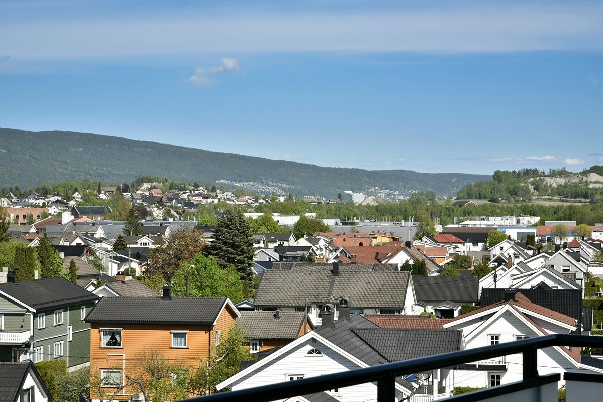 Vidstrakt utsikt utover Mjøndalen, Krokstadelva og hele veien til Drammen. Galleribilde